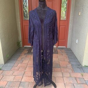Midnight Blue Boho Glam Lace Open Front Cardigan